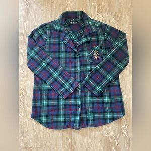 Lauren Ralph Lauren Women’s Blue Green Plaid Fleece Cardigan Embroidered Crest S